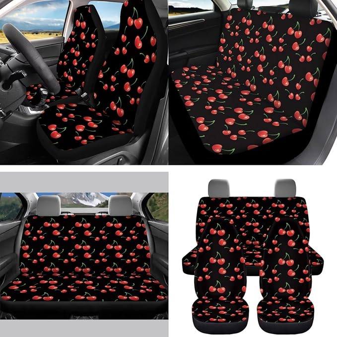 15 Pcs Cherry Car Seat Cover Full Set for Women with Car Steering Wheel Cover Seat Belt Cover Trash Bin Front Rear View Mirror Car Cup Holder Keychain