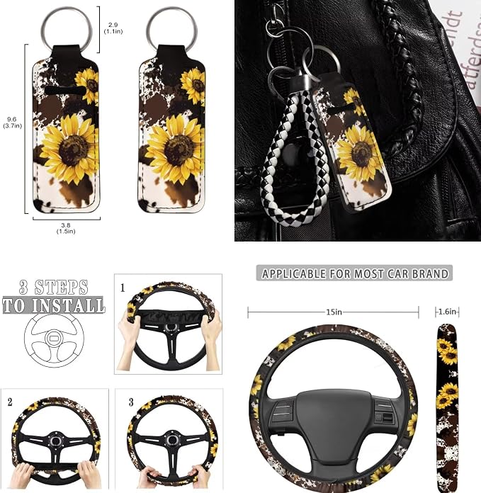Cow Sunflower Seat Covers for Women,11pcs Cow Car Seat Covers Accessory Full Set Interior Decor,with Cow Keychain,Steering Wheel Cover,Seat Belt Pads,Cup Holder Mats Universal Fit