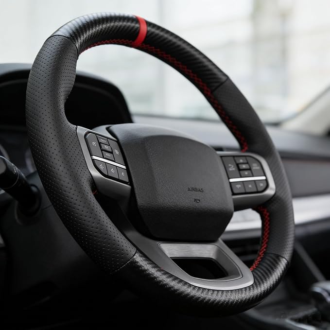Carbon Fiber Leather Steering Wheel Cover for Ford F-150 2021-2026 /Ford F-250 F-350 F-450 F-550 F600 2023 2024 2025 2026 /Ford Expedition F150 Lightning 2022-2024 Accessories Custom OEM Parts