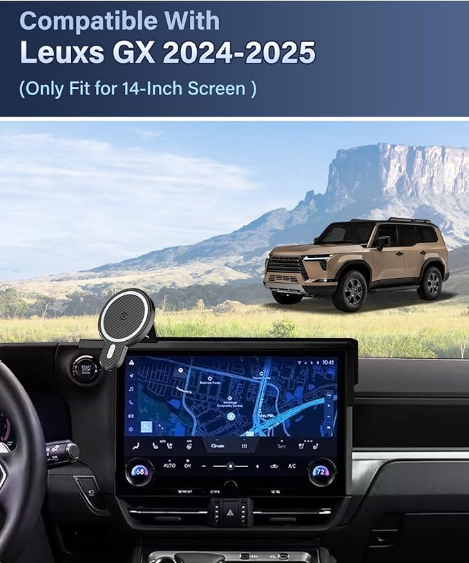 PZK Car Phone Holder for Lexus GX 2024 2025 2026 Accessories 14-Inch Screen Fixed Clip, Car Phone Mount Strong Magnetic 15W Fast Wireless Charger 360° Rotaion Not Affect Vent Phone Cradles