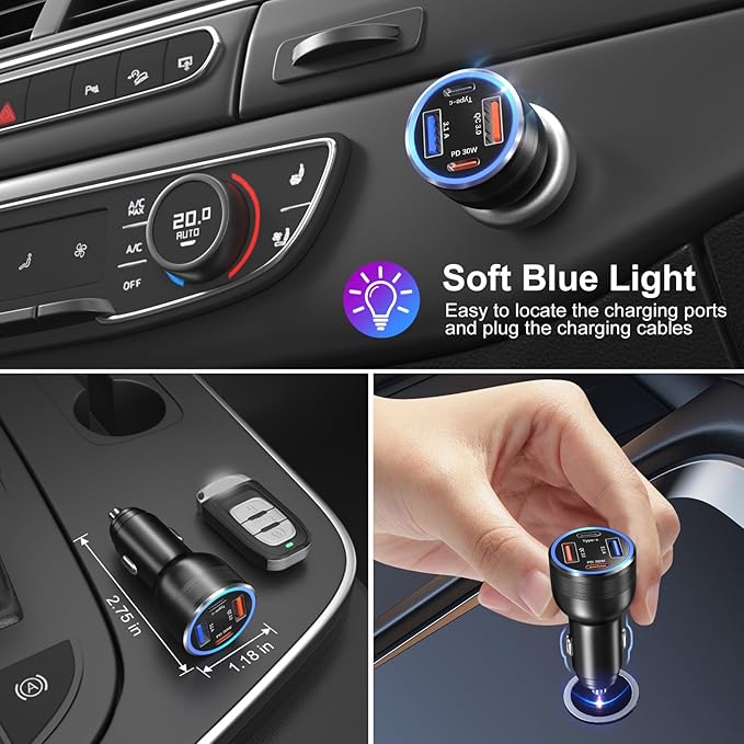 65W 4-Port Dual USB A and USB C Car Charger with 5FT Type C Coiled Cable, QC&PD 30W Fast Charging Cigarette Lighter Car Adapter Compatible for iPhone 15 15 Pro 15 Pro Max 15 Plus