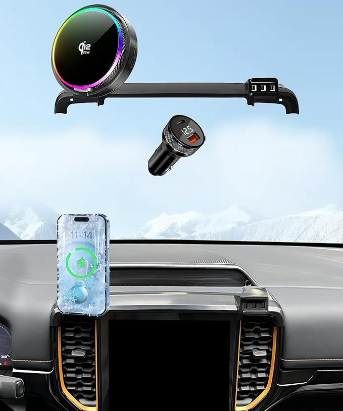Qi2.2 25W Magnetic Car Mount Charger for Ford Ranger 2023 2024 2025 2026 Accessories, for Fast Charging Cell Phone Holder 12.1 Inch Screen Fixed Clip with Cooling Fan＆54W Fast Adapter