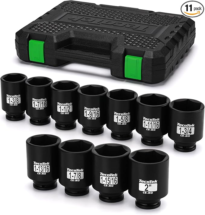 TecoTek 1/2" Drive Deep 6-Point Impact Socket Set, 11-Piece Standard SAE Spindle Axle Nut Impact Socket Set, Cr-Mo, 1-3/8-Inch to 2-Inch Size