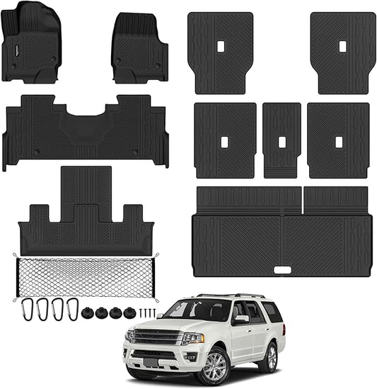 Tongama-Floor Mats for 2025 2026 Ford Expedition 7 Seats with 2nd Row Bucket Seats, All Weather TPE Trunk Mat and 2nd & 3rd Backrest Mats Protectors and Cargo Net for Ford Expedition Accessories
