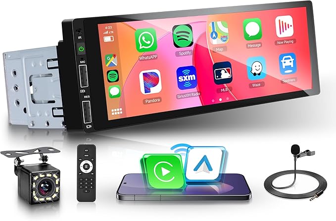 Single Din Car Stereo Wireless Carplay Car Radio Bluetooth 5.0, Rimoody 6.86" Touchscreen Android Auto Mirror Link 2-USB FM EQ/SWC/MIC Car Audio Receiver with Backup Camera