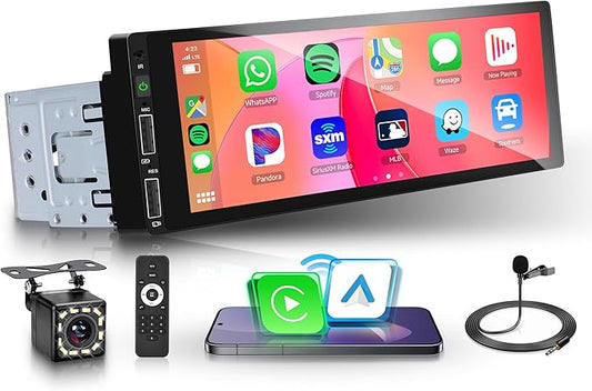 Single Din Car Stereo Wireless Carplay Car Radio Bluetooth 5.0, Rimoody 6.86" Touchscreen Android Auto Mirror Link 2-USB FM EQ/SWC/MIC Car Audio Receiver with Backup Camera