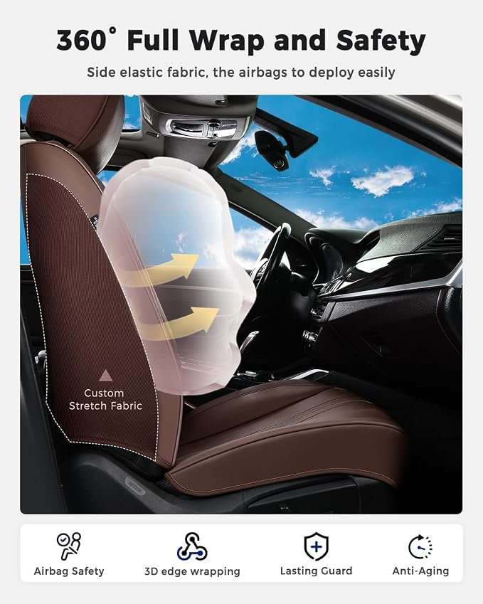 Huidasource Coffee Front Seat Cover, Luxury Faux Leather Front Car Seat Cover, Compatible with Airbags, Seatbelt Buckles, Perforation, Cooling＆Heating, Universal Fit for Most Cars, Vans, Trucks, SUVs