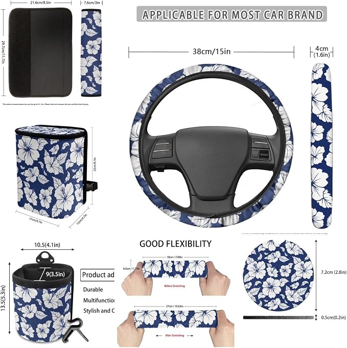 Dreaweet Car Seat Covers Full Set for Women Blue Hibiscus Flowers Car Accessories Universal Steering Wheel Cover Seat Belt Pads Trash Bin Rearview Mirror Cover Cup Holders Keychain Air Vent Holder