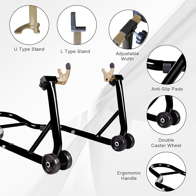 Big RED Motorcycle Stand 500LB, Adjustable Sport Bike Front and Rear Wheel Lift Stands, Fit for Yamaha, Kawasaki, Honda, Suzuki, Black, U+L