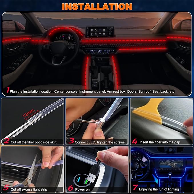 Jushope Car LED Strip Lights, USB Interior Ambient Lighting Kits with Wireless APP and RF Remote Control, 16 Million Colors Music Mode Car Decoration Lights with 315 inches 3.0mm Fiber Optic (6 in 1)