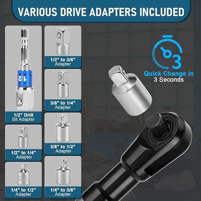 1/2 Inch Offset Extension Wrench Impact, Black | Strong Torsion Output Steel, 6 Sockets & 1 Adapter Rod, For Tight & Narrow Spaces