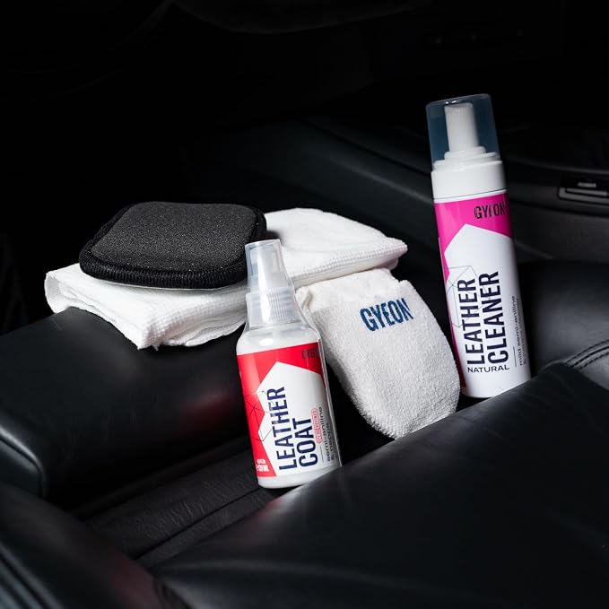 Gyeon LeatherSet Natural automotive leather cleaning coating kit pre‑cleaner plus leather sealant protection Liquid for car seats interiors hydrophobic ceramic sheen prep & maintain, Interior Use