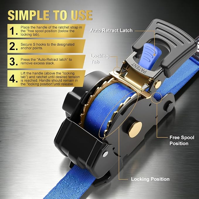 Retractable Ratchet Straps (4-Pack) - 1 Inch x 10 Feet (1,764lb Break Strength) - Auto Self Retracting Tie Down Straps Heavy Duty for Motorcycle, ATV, UTV, Truck, Cargo Trailer – Blue