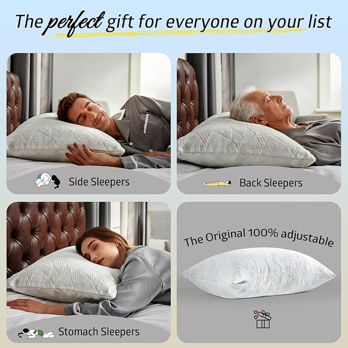 BETU Cooling Pillow Queen Size, Shredded Memory Foam Cool Pillow for Hot Sleepers, Adjustable Firm Soft Support Bed Pillows Perfect for Back Neck Pain and Side Sleeping with Pillow Case Cover, White