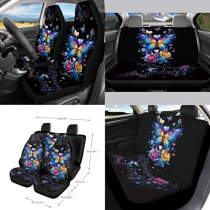Butterfly Rose Car Seat Covers 15Pcs Full Set Car Steering Wheel Cover Seat Belt Cover Trash Bin Air Vent Storage Box Rear View Mirror Car Cup Holder Keychain Music Notes Print