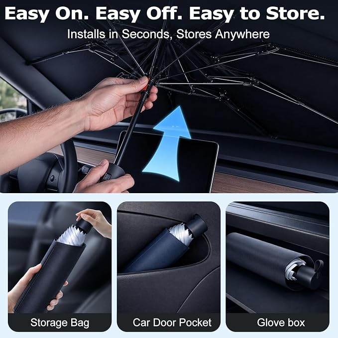 2026 Upgraded DooGooCoo Windshield Sun Shade Umbrella for Car, Reinforced Frame, UV Block Heat Shield, Keeps Interior Cooler, Foldable Front Windshield Cover, Medium 57" x 32"