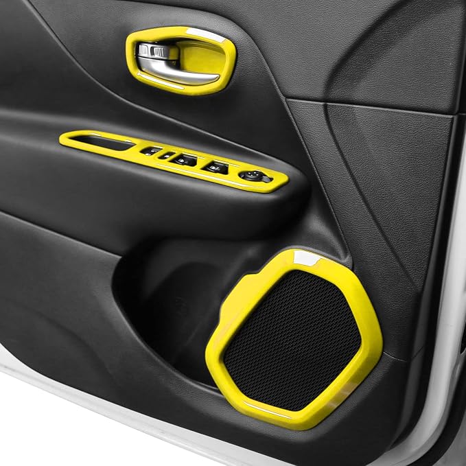 CheroCar 31 PCS Full Set Interior Decoration Trim Kit Steering Button Cover Door Handle Cover Air Outlet Cover Cup Holder Gear Cover Trim Door Speaker Cover for Jeep Renegade 2016-2018,Yellow…