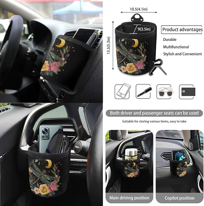 Dragonfly Roses Floral Moon Print Car Seat Cover Sets Steering Wheel & Seat Belt Cover Trash Bin Air Vent Storage Box Front Rear View Mirror Cup Holder Keychain 15Pcs Car Accessories
