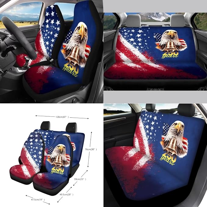 Wanyint 15 PCS Car Seat Covers Set, with Steering Wheel Rear View Mirror Seat Belt Cover Trash Bin Sunglass Pocket Coasters Key Chain US 250th Anniversary Car Accessories, American Flag Eagle Splash