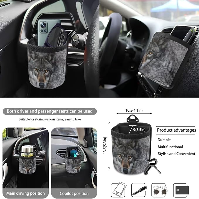 Gray Wolf Pattern 10 Pieces Car Accessories, Auto Seat Covers Full Set Steering Wheel Cover Cup Holders Car Garbage Can Air Vent Storage Bag Keychains Universal Fit for Most Cars