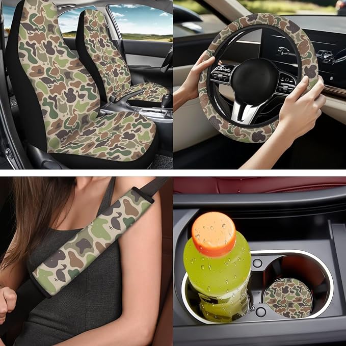 Bulopur Duck Hunting Camo Car Seat Covers Front and Backseat with Matching Steering Wheel Cover 15 Inch Center Console Pads Vehicle Seat Headrest Covers Keychain Automotive Interior Accessories Set