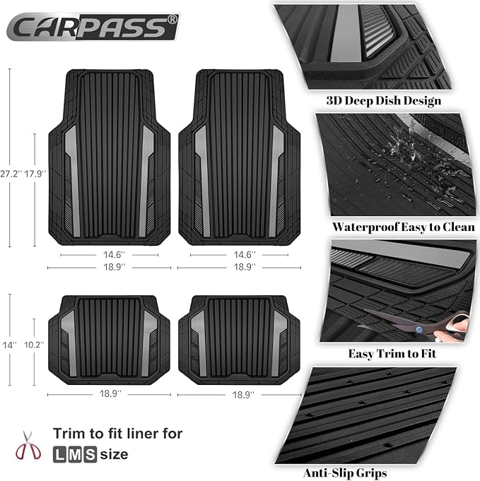 CAR PASS Heavy Duty Rubber Car Mats Metallic, Aluminum Film All Weather Floor Mats Waterproof Universal Trim to Fit Automotive SUV Sedan Van Truck 4 Piece Deep Dish Two-Tone Sporty Black Gray Chrome