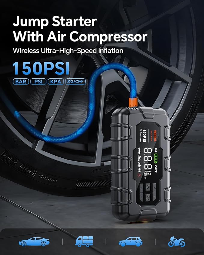THEKUKU Jump Starter with Air Compressor, 5000A Car Battery Jumper Starter Portable, 12V Jump Box with Display,PD 45W,LED Light, Jumper Cables, and Storage Case