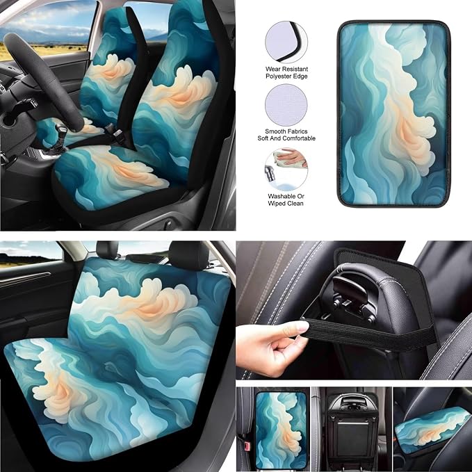 Green Cloud 13 Piece Car Seat Cover Set Watercolor Green Cloud Pattern Full Set Belt Shoulder Car Seat Protectors Yellow Gradient Sky Fluid Coaster Pads Decor Accessory