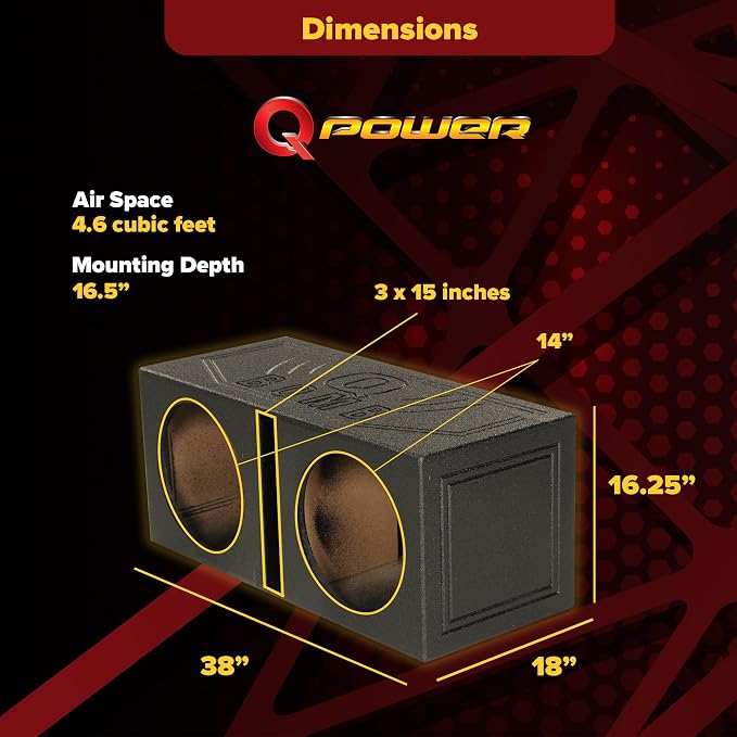 Q Power Q Bomb Series Dual 15 Inch Ported Car Subwoofer Sub Box Enclosure with Vented Chamber Design and Black Bed Liner Spray Finish, Black