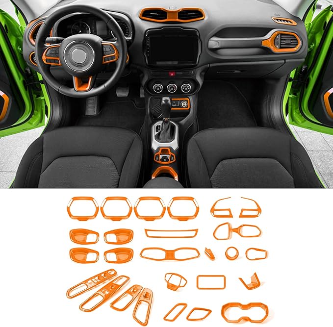CheroCar 31 PCS Full Set Interior Decoration Trim Kit Steering Button Cover Door Handle Cover Air Outlet Cover Cup Holder Gear Cover Trim Door Speaker Cover for Jeep Renegade 2016-2018,Orange…
