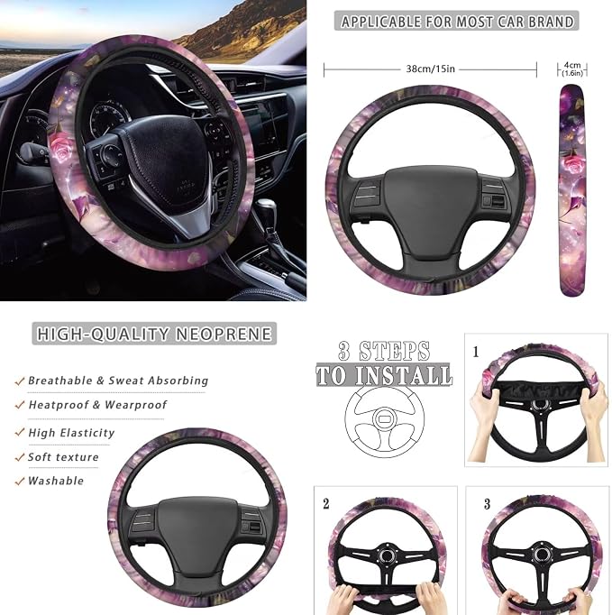 8 Pcs Hummingbird Rose Print Car Interior Accessories for Women, Car Seat Covers with Auto Steering Wheel Cover, Auto Center Console Pad, Seat Belt Covers, Automotive Decorations