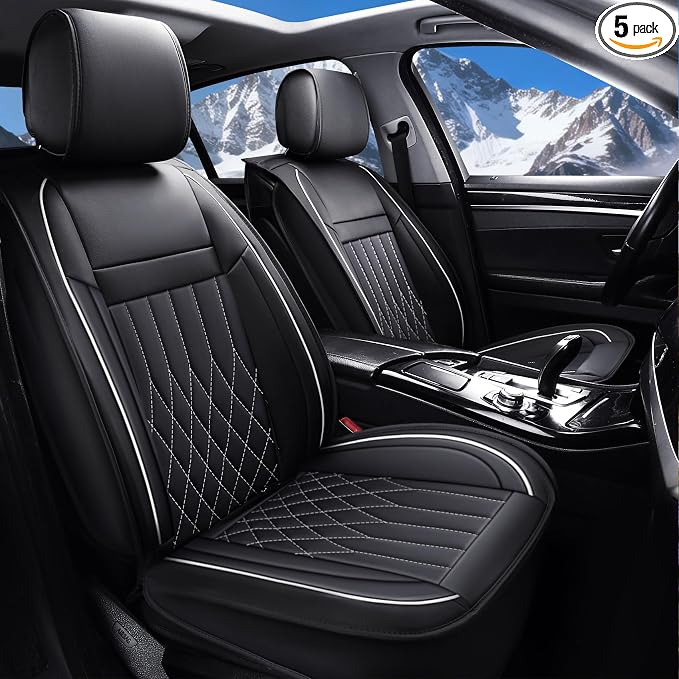 Aierxuan Car Seat Covers Full Set Universal Fit for Honda Civic Accord CRV, Toyota Camry Prius Rav4, Kia, Lexus, Nissan, Mazda, Jeep Cherokee and Most Cars, with Waterproof Leather (Black and White)