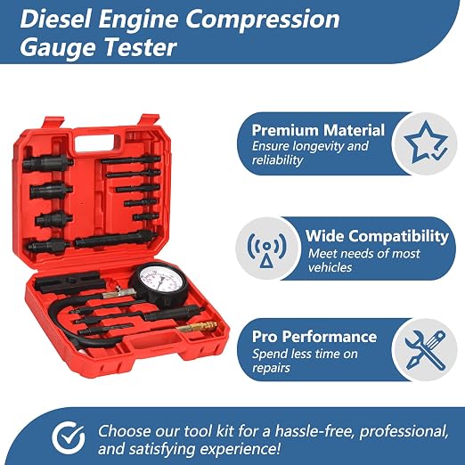 Diesel Engine Compression Tester Kit with 0-1000 psi Gauge and Adapters Cylinder Pressure Test Tool Kit Diesel Injector Tester Check Cylinders in Diesel Car & Truck