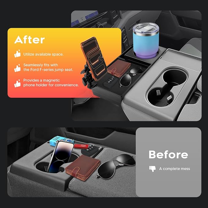 Karltys Front Center Seat Headrest Organizer for Ford F-150 F-250 F-350 F-450 F-550 F-650 2011-2026, Only for Jump Seat Console, Storage Tray with Magnetic Phone Holder and Cup Holder