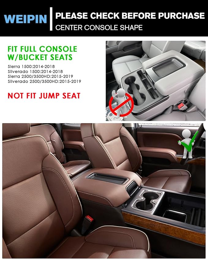 For 2PCS Center Console Organizer Tray TPE Materials Compatible with 2014-2018 Silverado/Sierra 1500& 2015-2019 Silverado&Sierra 2500HD/3500HD - Full Console w/Bucket Seats Only
