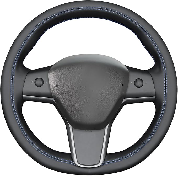 MEWANT Hand Stitch Black Smooth Faux Leather Steering Wheel Cover Wrap for Tesla Model Y 2020-2023 Model 3 2017-2023