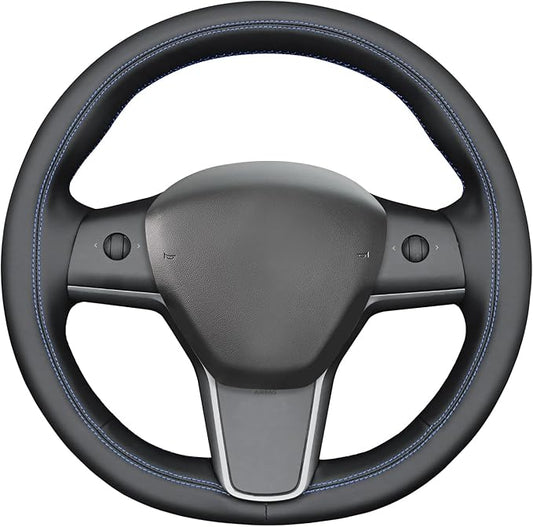 MEWANT Hand Stitch Black Smooth Faux Leather Steering Wheel Cover Wrap for Tesla Model Y 2020-2023 Model 3 2017-2023