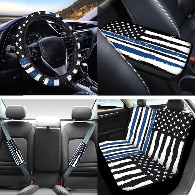 Mumeson Flag Patten Car Accessories Car Front and Rear Seat Covers Protector with Steering Wheel Cover + Seat Belt Covers Shoulder Pads + Car Armrest Cushion Pad Car Accessories