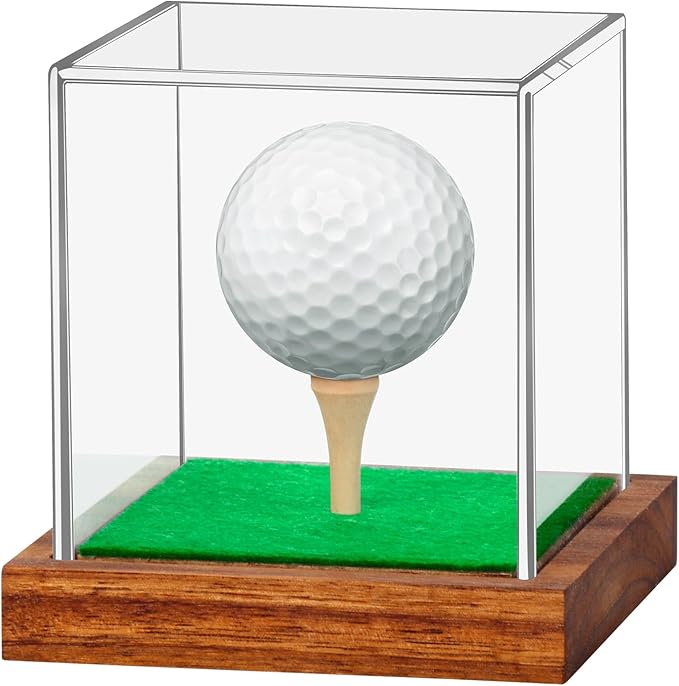 Clear Acrylic Golf Ball Display Case with Wood Base & Tee, Memorabilia Stand Cube Holder, Dust Protection Transparent Storage Box for Single Ball Souvenir Golfball Collections