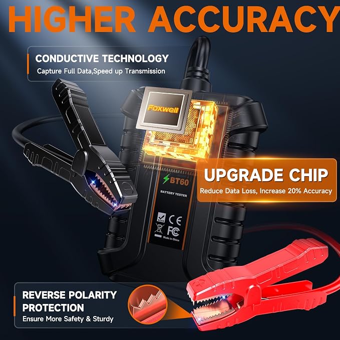 FOXWELL BT60 12V Bluetooth Battery Tester, Car Alternator Tester Compatible with Android/iPhone Battery Load Tester, SOH/SOC/Cranking/Charging System Analysis for Car/RV/Motorcycle/Boat