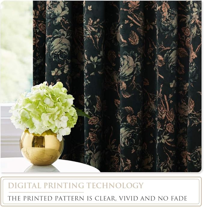 StangH Velvet Curtains 108 inches Long for Living Room, Black Thermal Insulated Curtains with Retro Floral Design for Dining Room Sliding Door Theater, 52 x 108-inch, 2 Panels