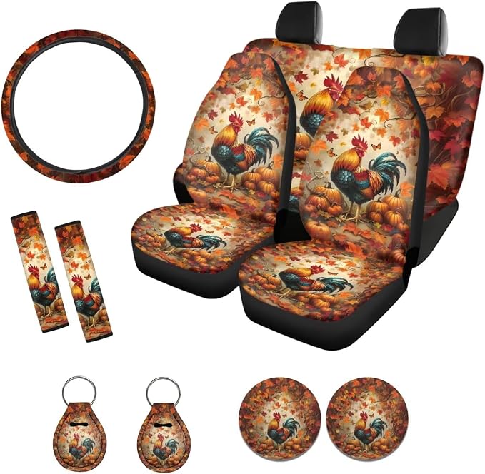 Suobstales Rooster Chicken Pumpkin Butterfly Maple Leaves Print 11 PCS Car Accessories Thanksgiving Decor Car Seat Covers Full Set with Steering Wheel Cover + Seat Belt Covers + Coasters + Keychains