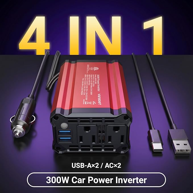300W Car Power Inverter - vansoet DC 12V to 110V AC(2 Outlets) Power Inverters with 3.4A Dual USB Fast Charging Port - Car Charger Cigarette Lighter Adapter for Laptop/Phone/Road Trip (Red)