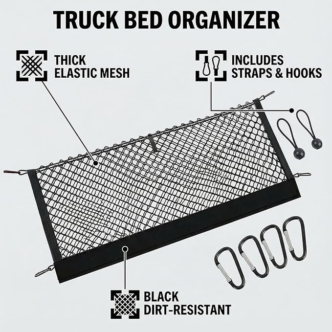 Envelope Style Truck Bed Cargo Net Compatible with Toyota Tundra 2007-2026,Highly Elastic Truck Cargo Net for Tundra Accessories, Upgraded Storage Bag & Heavy Duty Carabiners