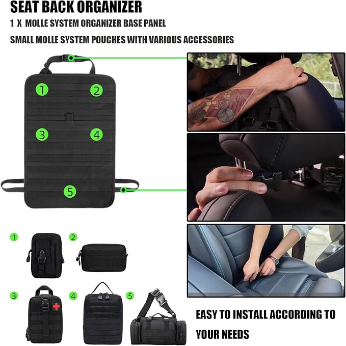 7 PACK Tactical Seat back organizer Truck organizer With 6 Detachable Pouches Universal For Car Truck Ford Jeep Military-Grade Heavier Panels With Multi-functional Packs (khaki)