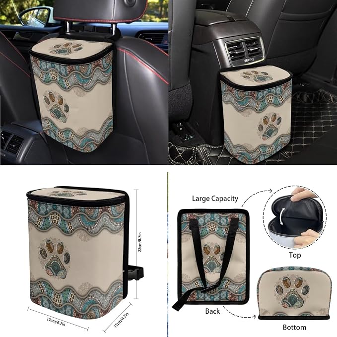 Boho Paw Print Auto Seat Covers Full Set, 10 Pcs Universal Fit Interior Accessories Decor Steering Wheel Cover Car Trash Bin Keychain Coasters Air Vent Storage Box for Women Men