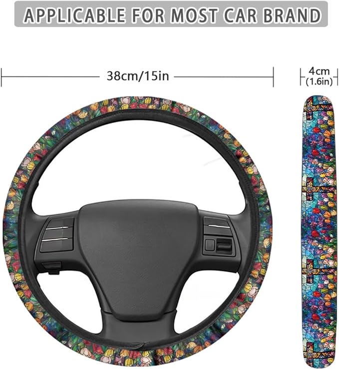 Stained Glass Cross Tulip Pattern Car Accessories Pack of 13, Auto Front and Rear Seat Cover Full Set, 1 Steering Wheel Cover, 4 Seat Belt Cover, 4 Cup Holder Coasters Universal Fit