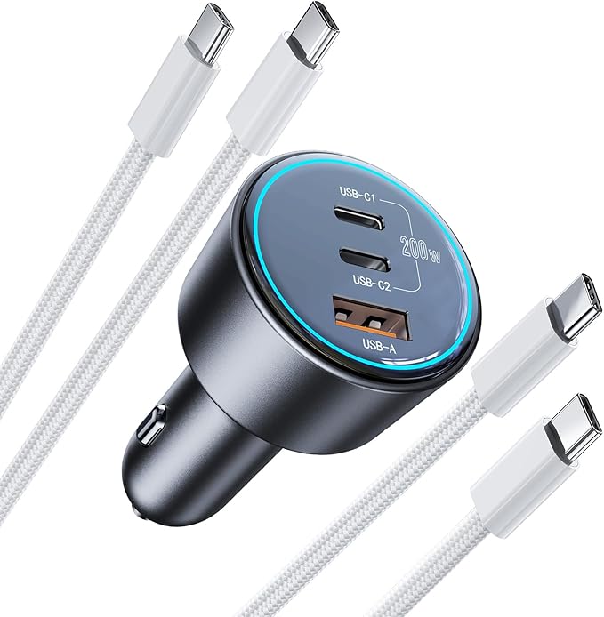 ROADRESS 200W Super Fast Car Charger for iPhone 16/15 Pro Max, 3-Port USB C Car Charger Adapter with 2×100W USB C to C Cables, PD3.0/QC4.0, 12V-24V Vehicle Compatible, LED Light & Overheat Protection
