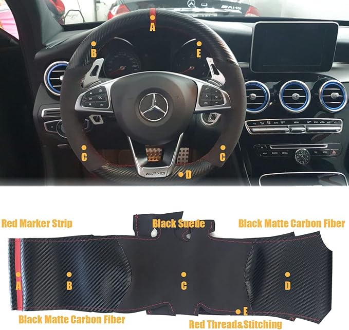 Matte Black Carbon Fiber&Suede Leather Steering Wheel Cover Hand-Stitch on Wrap Fit for Mercedes Benz W205/C43 GLA45 GLC43 AMG/CLA-Class C117/X156/C218/W213/X253 C253/W166/W222/SLC R172/R231