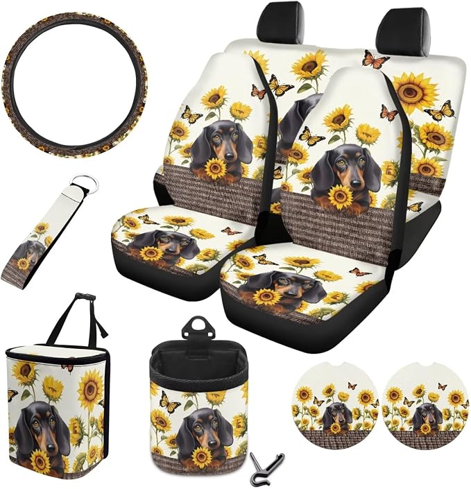 Dachshund Sunflower Butterfly Pattern Car Seat Covers Full Set Car Accessories Pack of 10 Steering Wheel Cover Cup Holder Car Trash Can Keychain Air Vent Pounch Bag Interior Covers for Auto